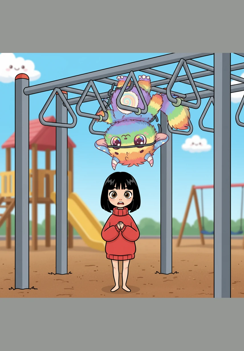 Despite the warning, Rainbow didn't listen and decided to show off by swinging on the monkey bars. Within seconds, the clumsy little monster found herself tangled up and stuck, dangling helplessly above the ground.