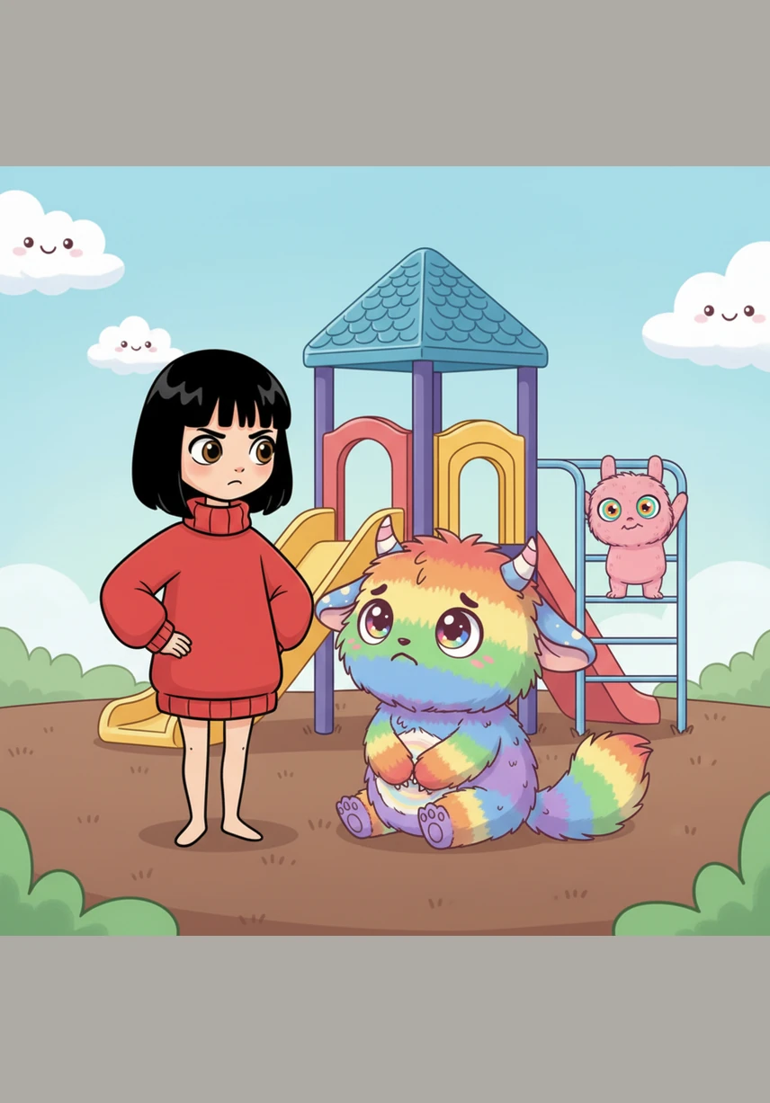Nina quickly rushed over to help her down, but Rainbow immediately tried to climb back up and got stuck a second time. After rescuing her again, Nina gave her a serious talk about listening and following the playground rules.