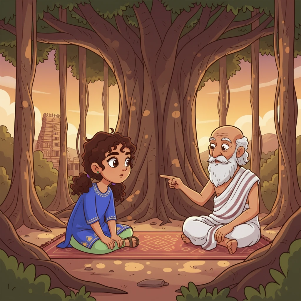 An elder, with a twinkle in his eye, shares a captivating tale with Kavya under a banyan tree. He recounts how the great King Rajaraja Chola I had a divine vision to build an unparalleled temple for Lord Shiva. The king sought to create a monument that would touch the heavens, a testament to his devotion and the glory of his empire.