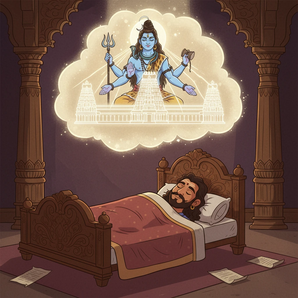 In a vivid dream, King Rajaraja Chola I receives a celestial blueprint for the temple from Lord Shiva himself. The deity appears in a shimmering light, revealing intricate architectural details and the temple's colossal scale. The king awakens with a heart full of purpose and a clear vision for his divine project.