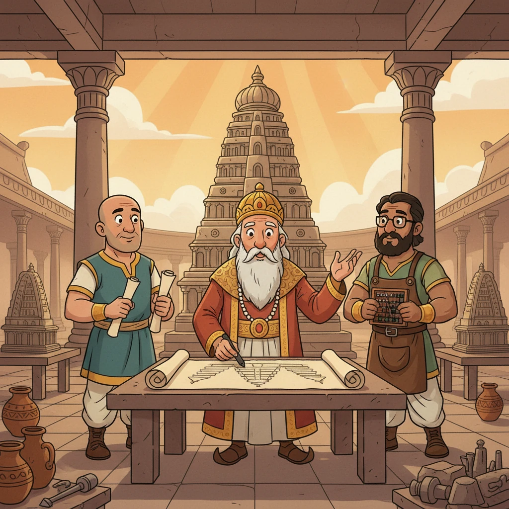 The king gathers the finest architects, sculptors, and engineers from across his vast kingdom. He passionately describes his divine dream, sketching the temple's unique design and its towering Vimana, a structure unlike any seen before. The master craftsmen listen, their faces a mix of awe and determination.