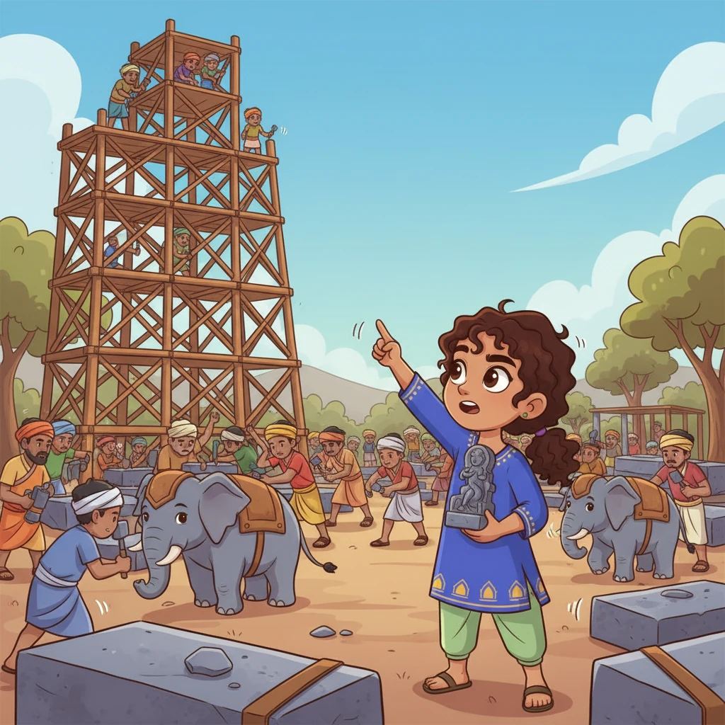 Thousands of skilled workers, guided by the king's vision, begin the monumental task. Elephants heave enormous granite blocks, chisels sing against stone, and scaffoldings rise towards the sky. The scene is a symphony of human effort and unwavering dedication, as the temple slowly takes shape.