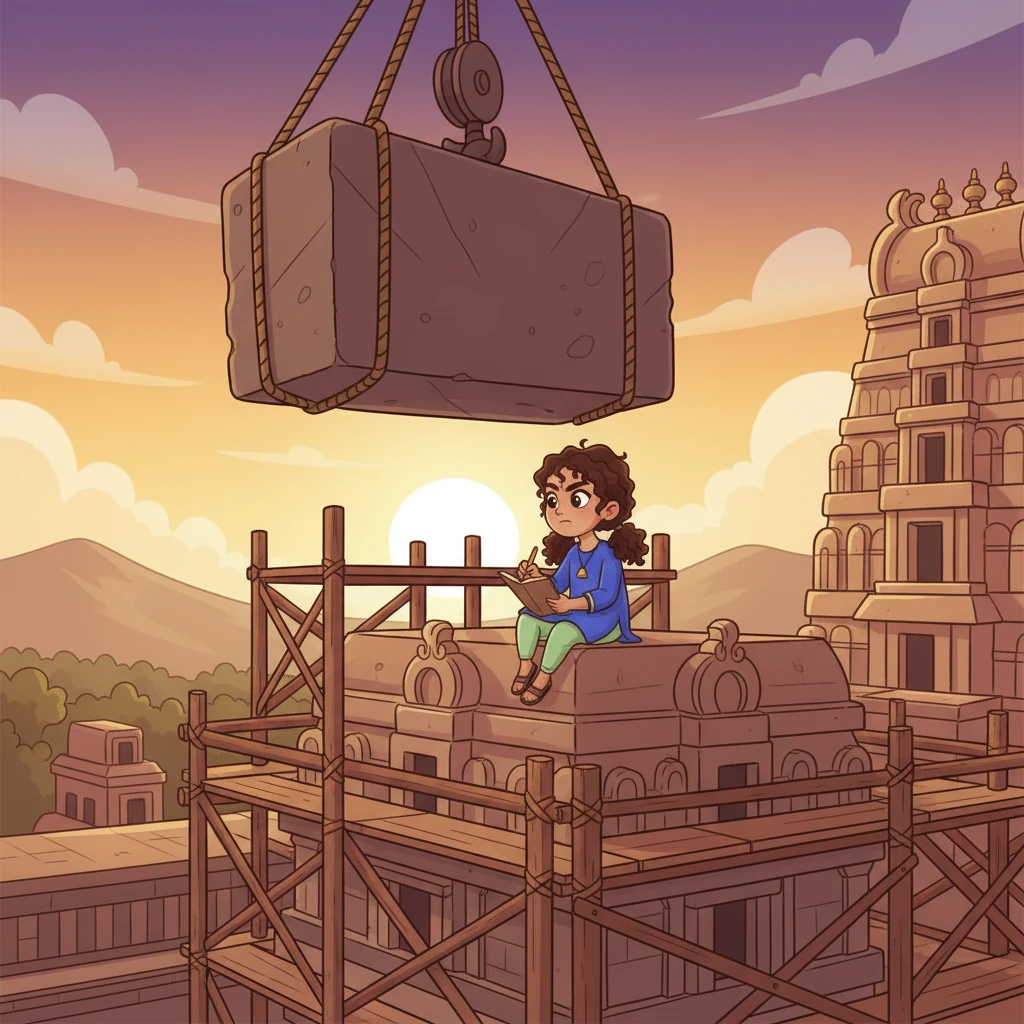 The greatest challenge arises with the final capstone, the 'Kumbam,' a single stone weighing eighty tons, destined for the very top of the 60-meter Vimana. How would they lift such a massive rock without modern machinery? The air crackles with anticipation and engineering puzzles.