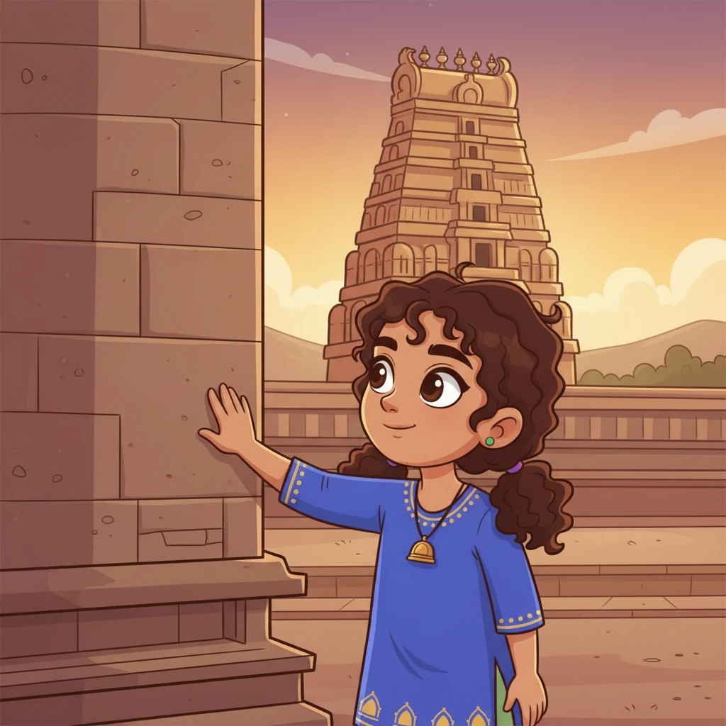 Years later, Kavya stands before the magnificent Brihadeeswarar Temple, now a young woman, her childhood dreams having become a tangible reality. She runs her hand over the cool, ancient stone, feeling the echoes of devotion and the spirit of the past. The temple's grandeur still fills her with wonder.
