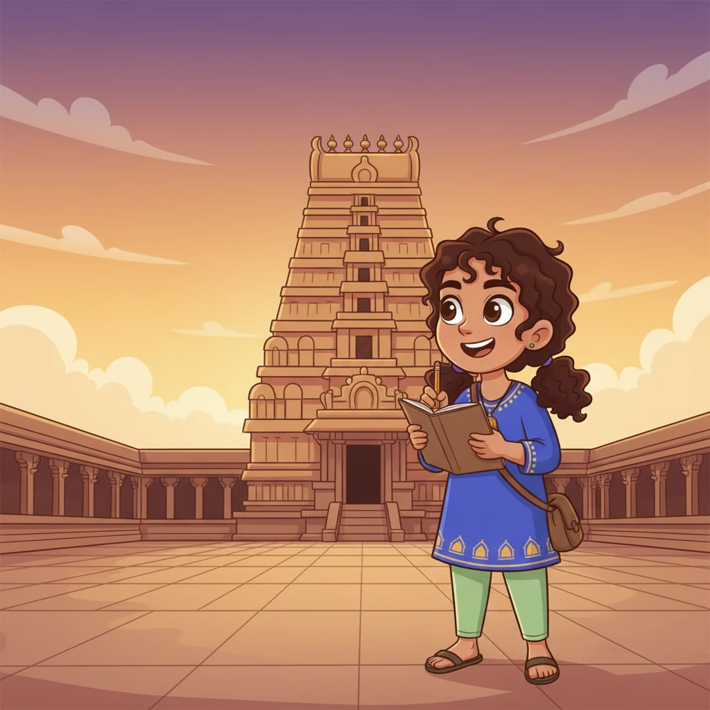 Kavya smiles, realizing that the temple is not just stone and mortar, but a living story of faith, perseverance, and artistic brilliance. She feels inspired to share its secrets and wonders with others, ensuring the legend of the Brihadeeswarar Temple lives on forever.