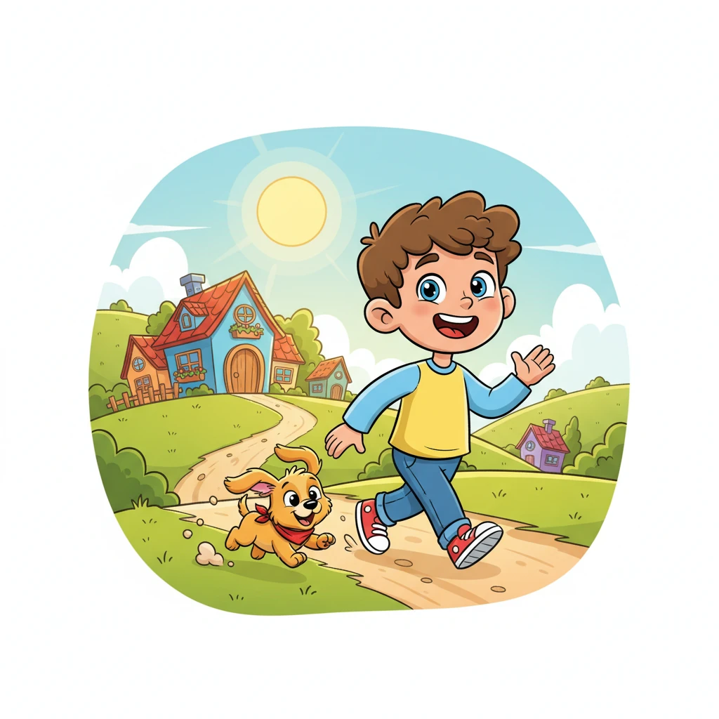 Leo, a cheerful boy with a bright smile, lived in a small, colorful village nestled among rolling green hills. His home was simple but filled with warmth, and he loved exploring the dusty paths with his playful puppy, Pip. The sun always seemed to shine a little extra brightly on Leo's optimistic face.