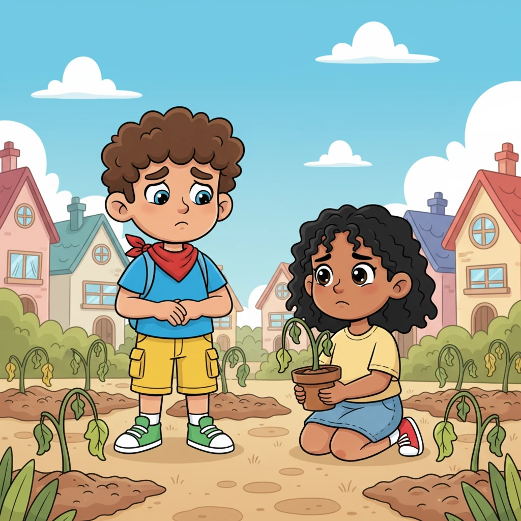 One sunny morning, Leo noticed that many of the village gardens looked a bit droopy and sad. He saw his friend, Maya, trying her best with a tiny, wilting plant, her brow furrowed with worry. It made Leo feel a little sad too, wishing everyone had more fresh, green food to enjoy.