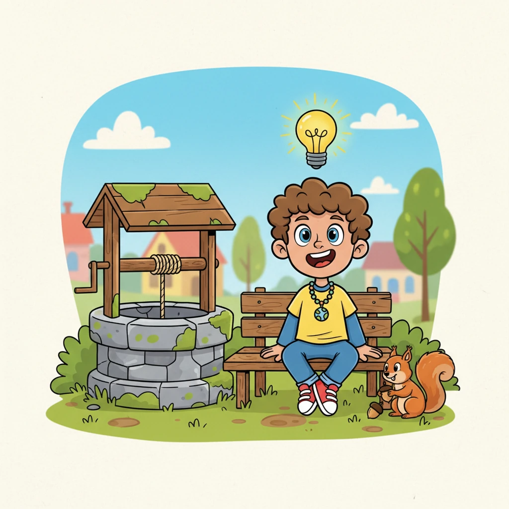 Sitting by the old village well, Leo watched a clever squirrel bury nuts for winter. Suddenly, a brilliant idea sparked in his mind, like a tiny lightbulb popping right above his head! He imagined a way to help all the plants and people in his village flourish.