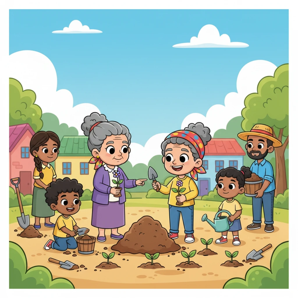 The next day, the whole village buzzed with activity! With Grandma Elara's help, Leo gathered everyone, young and old, to begin their grand project. Little hands dug small holes, while stronger hands carried buckets of rich soil. It was a joyful symphony of shovels clinking and happy chatter.