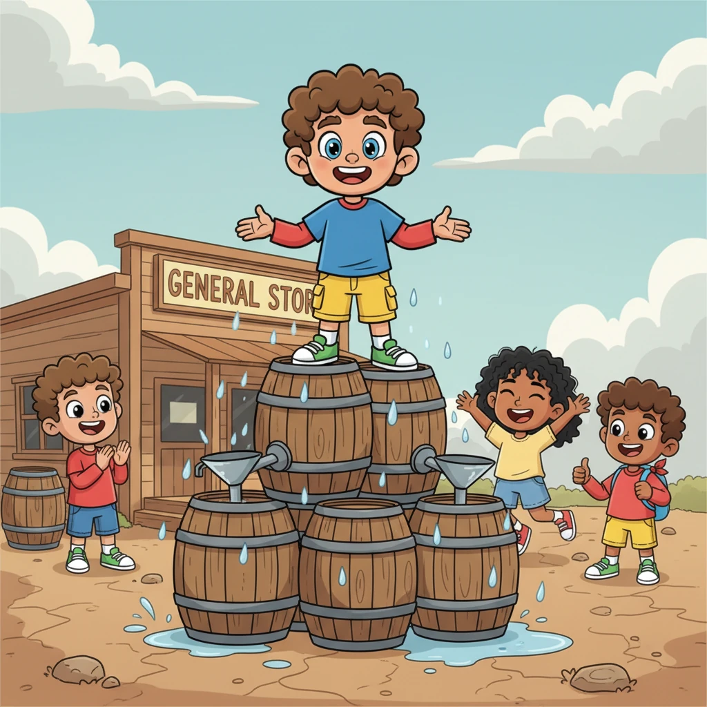 But Leo, with his never-give-up spirit, quickly thought of a solution! He remembered seeing old, empty barrels behind the general store. With a bit of teamwork, they repurposed the barrels into rain collectors, cleverly catching every drop of precious water from the sky. Everyone cheered at the clever idea.