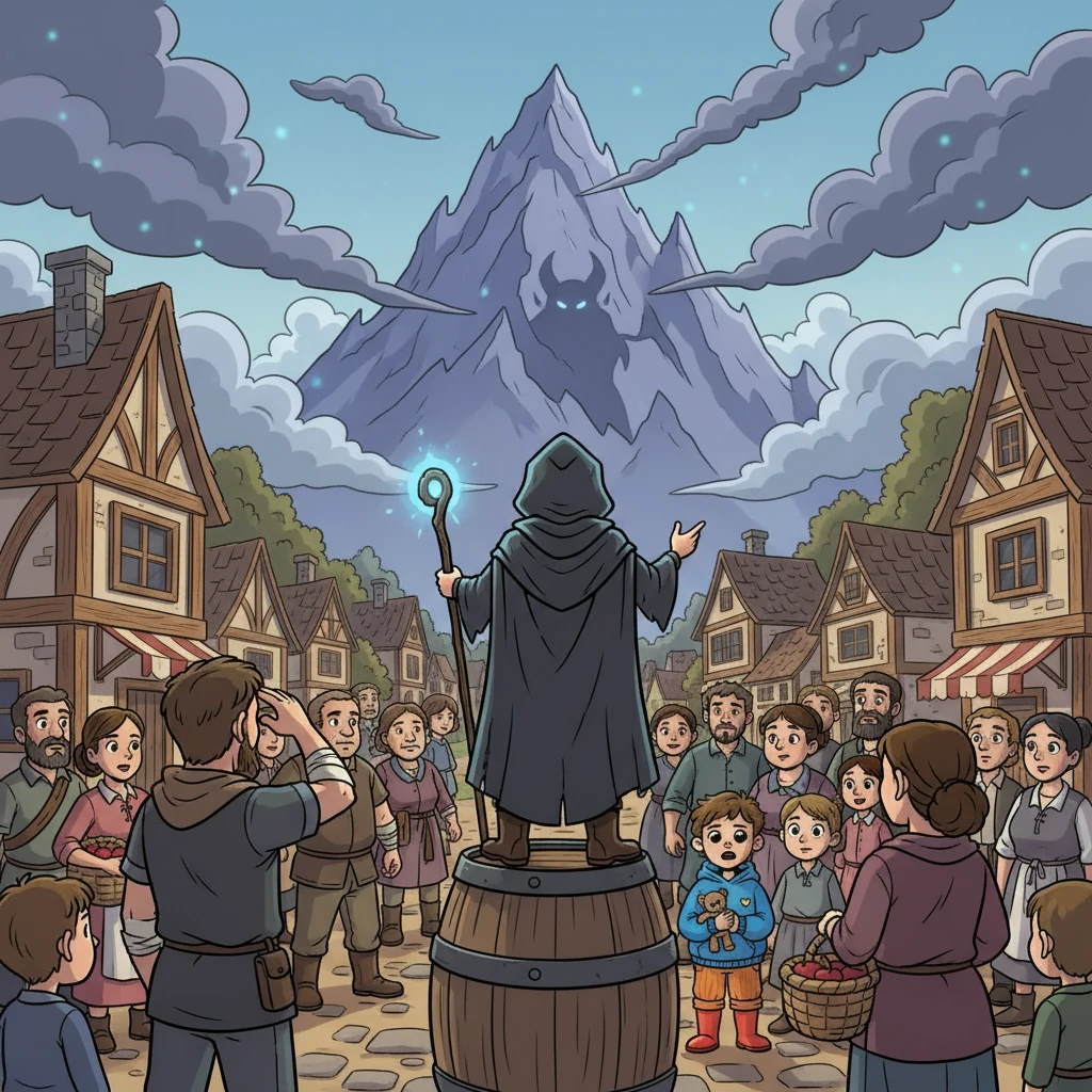 Um dia, um viajante misterioso chegou à vila, espalhando uma história sobre um monstro terrível no alto da Montanha Nebulosa. O viajante proclamou que apenas o homem mais corajoso poderia derrotá-lo. A notícia se espalhou como fogo, despertando curiosidade e desejo.