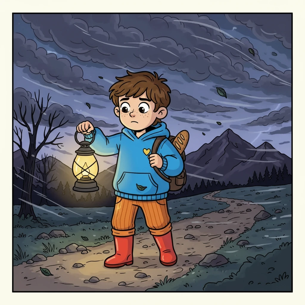 Antes do amanhecer, Tomás preparou uma mochila, levando pão e uma lanterna. A jornada começou com o vento forte e nuvens escuras. Ele caminhou, passo a passo, enfrentando seus medos e seguindo em frente, mesmo quando o medo o dominava.