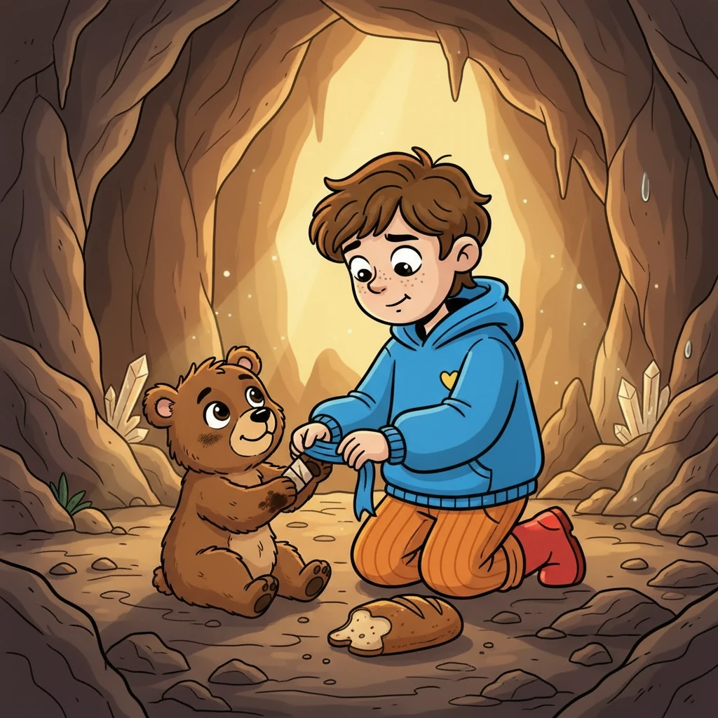 No topo da montanha, em uma caverna iluminada, Tomás encontrou não um monstro, mas um filhote de urso ferido. Sem hesitar, ele usou o pano de sua camisa para um curativo e compartilhou seu pão, mostrando compaixão e bondade em vez de medo.