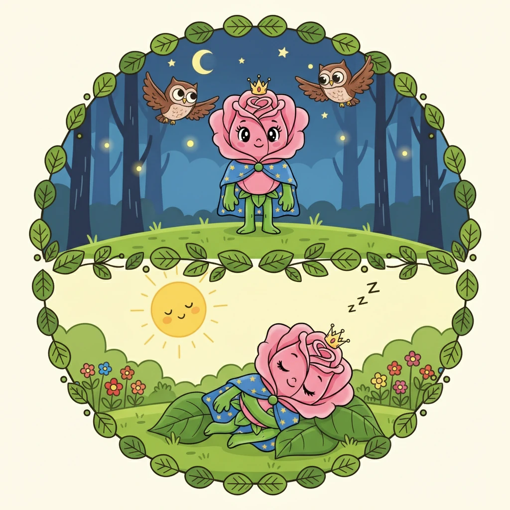 A cada noite, Florinda observava as corujas voando e ouvia o silêncio da floresta. Ela achava tudo muito bonito e não sentia sono. De dia, quando o sol brilhava, ela dormia profundamente.