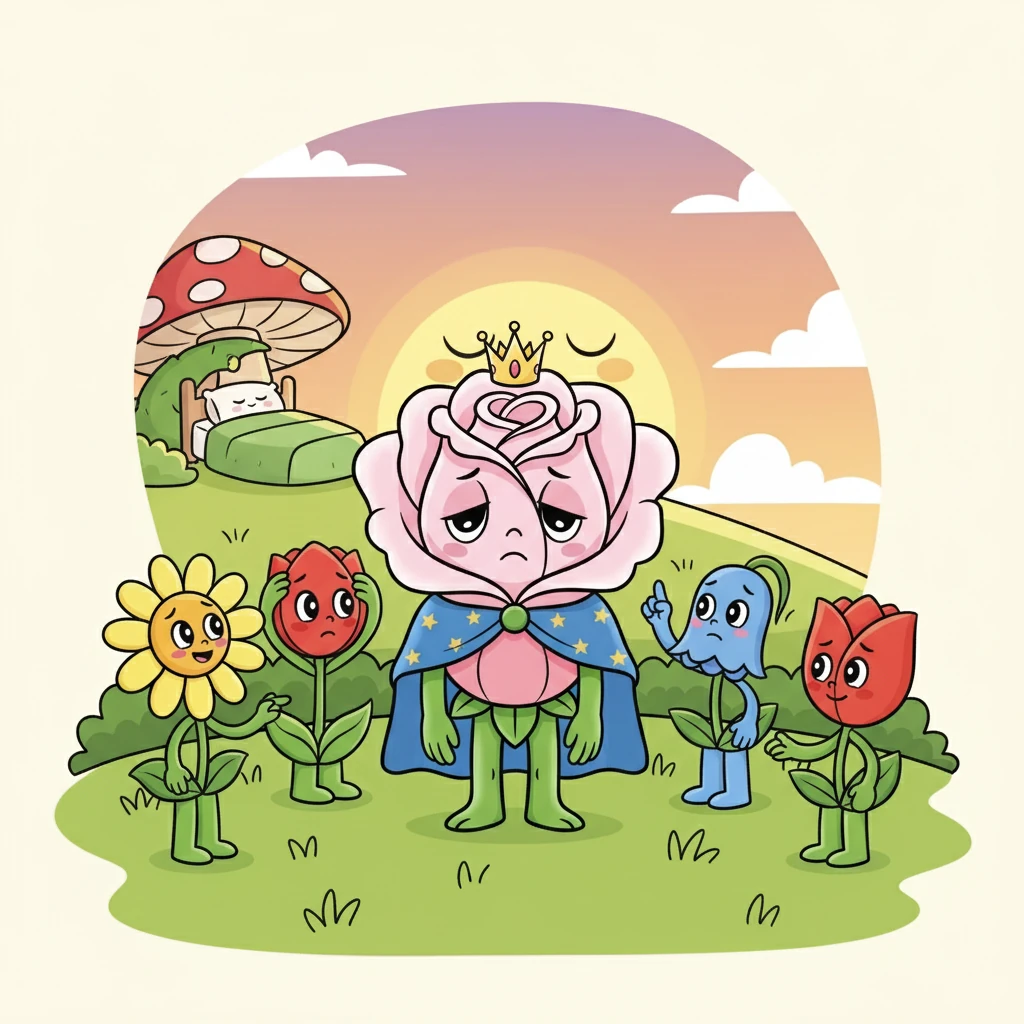 Um dia, as pétalas de Florinda perderam a cor, e seu caule ficou fraco. Ela pediu ajuda às amigas. Elas explicaram que a falta de sono a estava enfraquecendo.