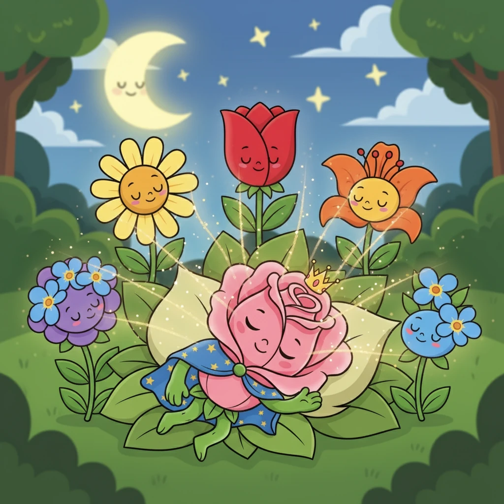 As amigas flores formaram um círculo ao redor de Florinda, doando um pouco de sua energia. Florinda se sentiu melhor e prometeu dormir à noite. Ela começou a descansar!