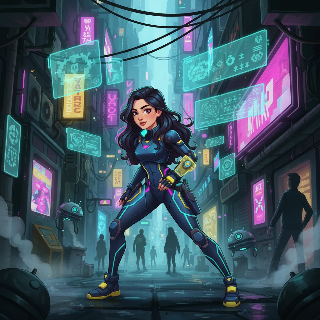 Aylin bewegt sich geschickt durch die überfüllten, neonbeleuchteten Gassen einer futuristischen Metropole. Holografische Anzeigen flimmern über ihren Weg, während sie die warme, feuchte Luft einatmet, aber eine subtile Spannung in der Atmosphäre spürt, die ihre Sinne schärft.