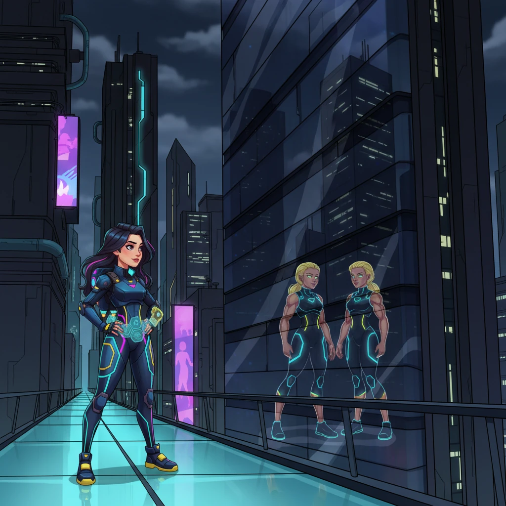 Ein kurzer Blick in eine reflektierende Oberfläche eines glänzenden Wolkenkratzers zeigt ihr zwei blonde Gestalten, die ihr diskret folgen. Ihre praktische, körperbetonte Kleidung betont athletische Arme und Oberschenkel, die Aylin sofort als potentielle Bedrohung identifiziert.