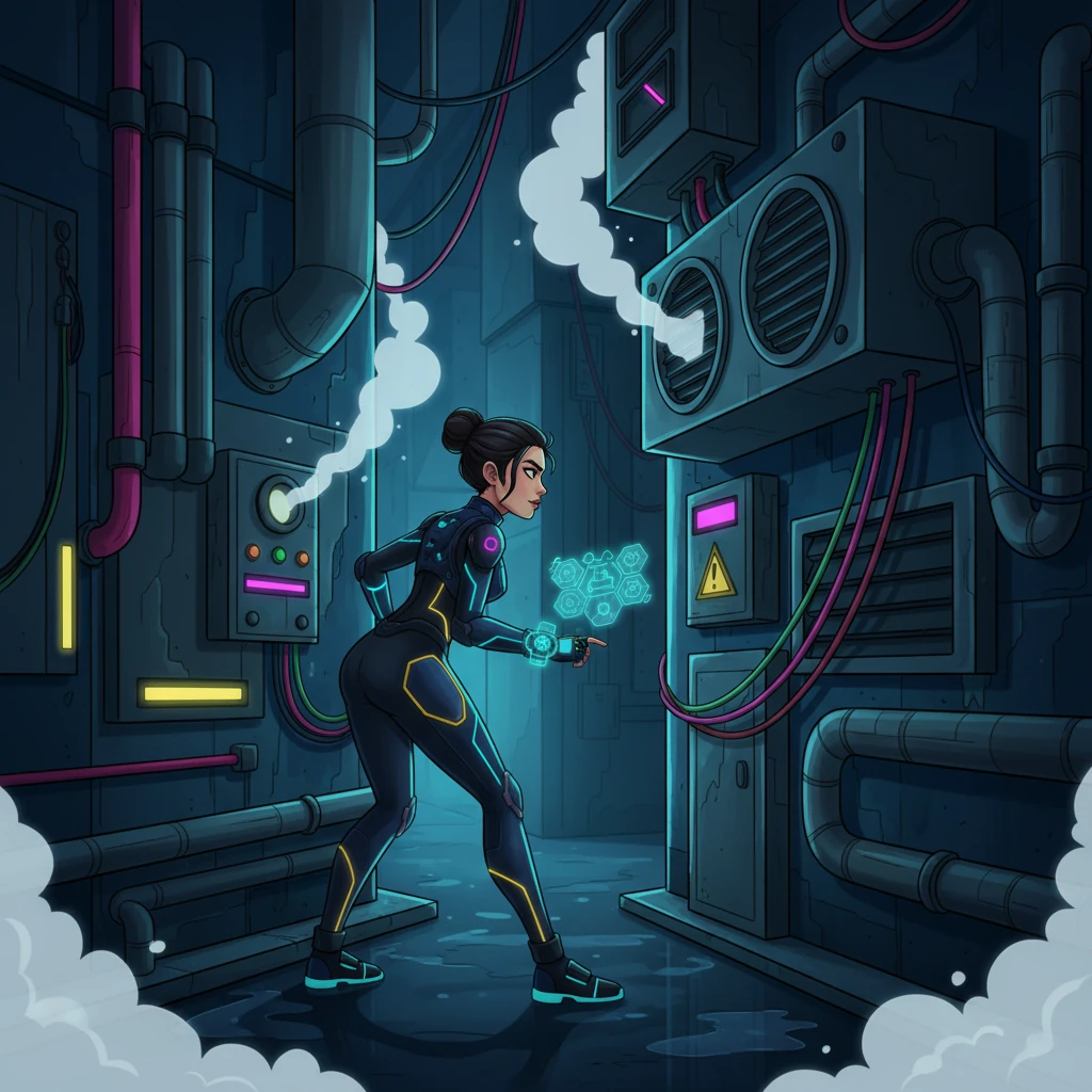 Entschlossen biegt Aylin in eine dunklere, weniger belebte Seitengasse ab, deren Wände von leuchtenden Kabeln und dampfenden Lüftungsschächten durchzogen sind. Sie weiß, dass dieser Ort perfekt ist, um ihre Verfolgerinnen in eine Falle zu locken und den Spieß umzudrehen.