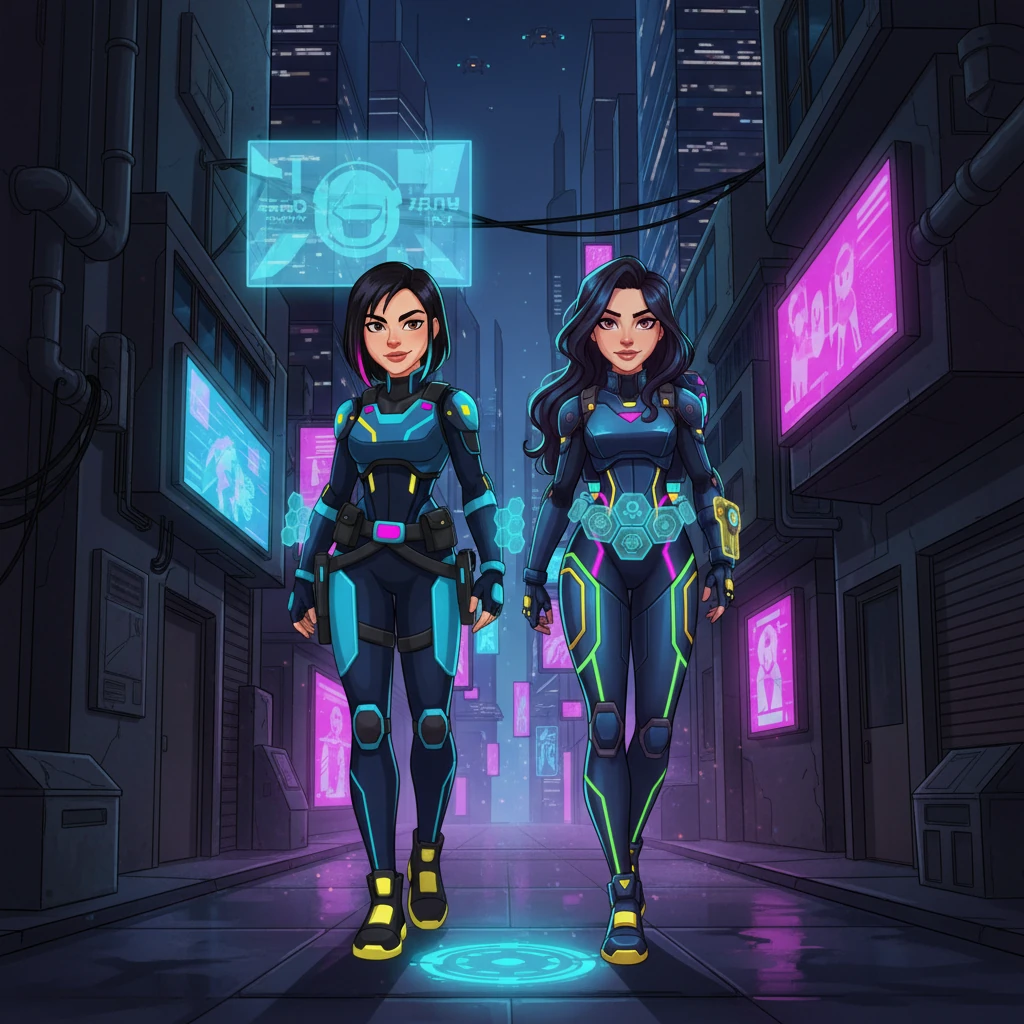 Die beiden Agentinnen, Lena und Greta, folgen selbstbewusst, ihre Gesichter von den wechselnden Neonlichtern erhellt, die ihre Entschlossenheit betonen. Sie ahnen nicht, dass sie sich direkt in Aylins sorgfältig vorbereitete Falle begeben.