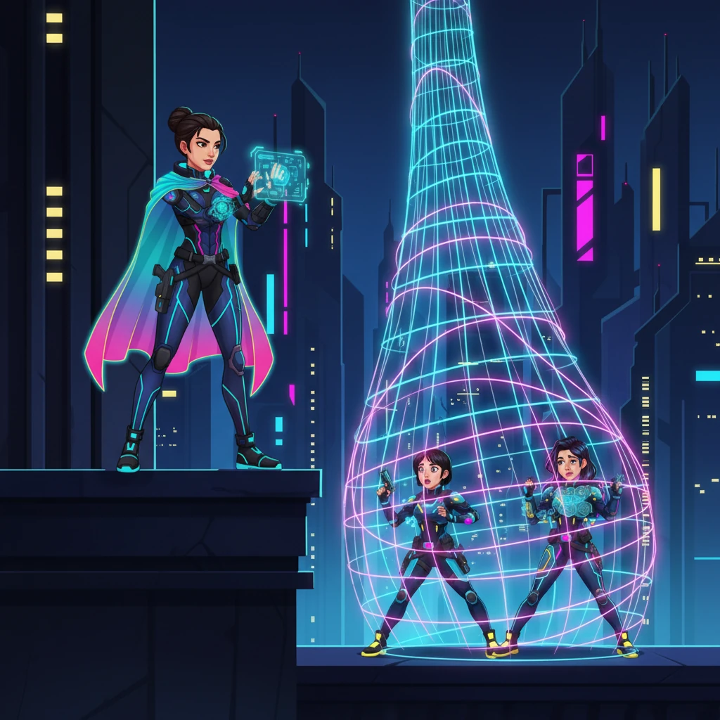 Als die Verfolgerinnen einen bestimmten Punkt erreichen, aktiviert Aylin lautlos einen versteckten Mechanismus. Ein blitzschnelles, leuchtendes Energienetz schießt von oben herab und schließt sich um die überraschten Agentinnen, die nun hilflos gefangen sind.