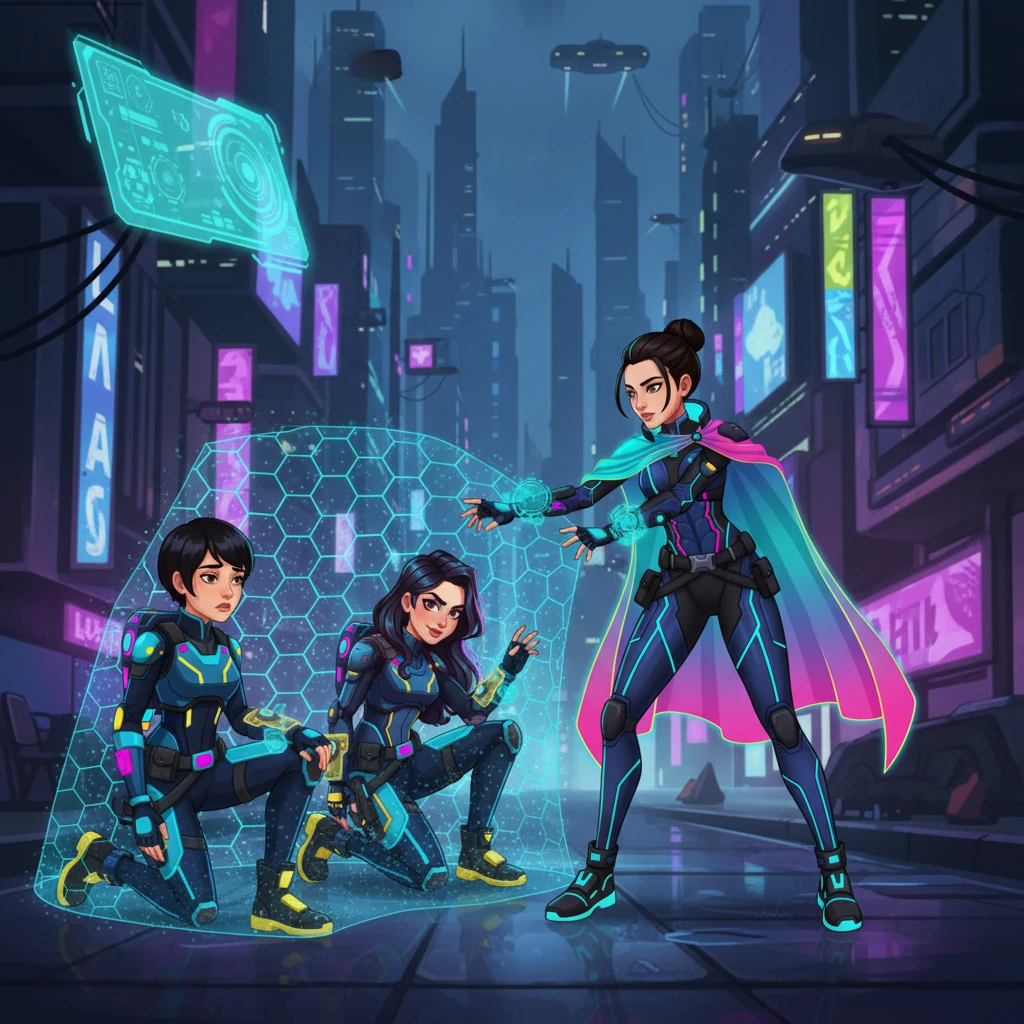 Aylin nähert sich den gefangenen Agentinnen, ihre Bewegungen flüssig und präzise. Mit erfahrenen Handgriffen legt sie ihnen spezielle, leuchtende Fesseln an, die ihre Bewegungsfreiheit vollständig unterbinden, während das Energienetz erlischt.