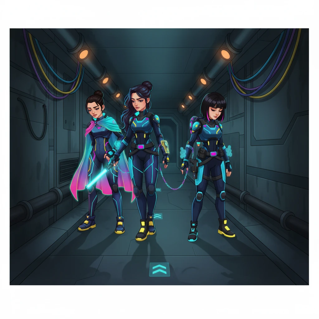 Die nun gefesselten Agentinnen werden von Aylin durch einen schmalen, schwach beleuchteten Wartungstunnel geführt. Ihre Köpfe hängen leicht, während sie sich dem unvermeidlichen Transport zu Aylins Kommandozentrale beugen.