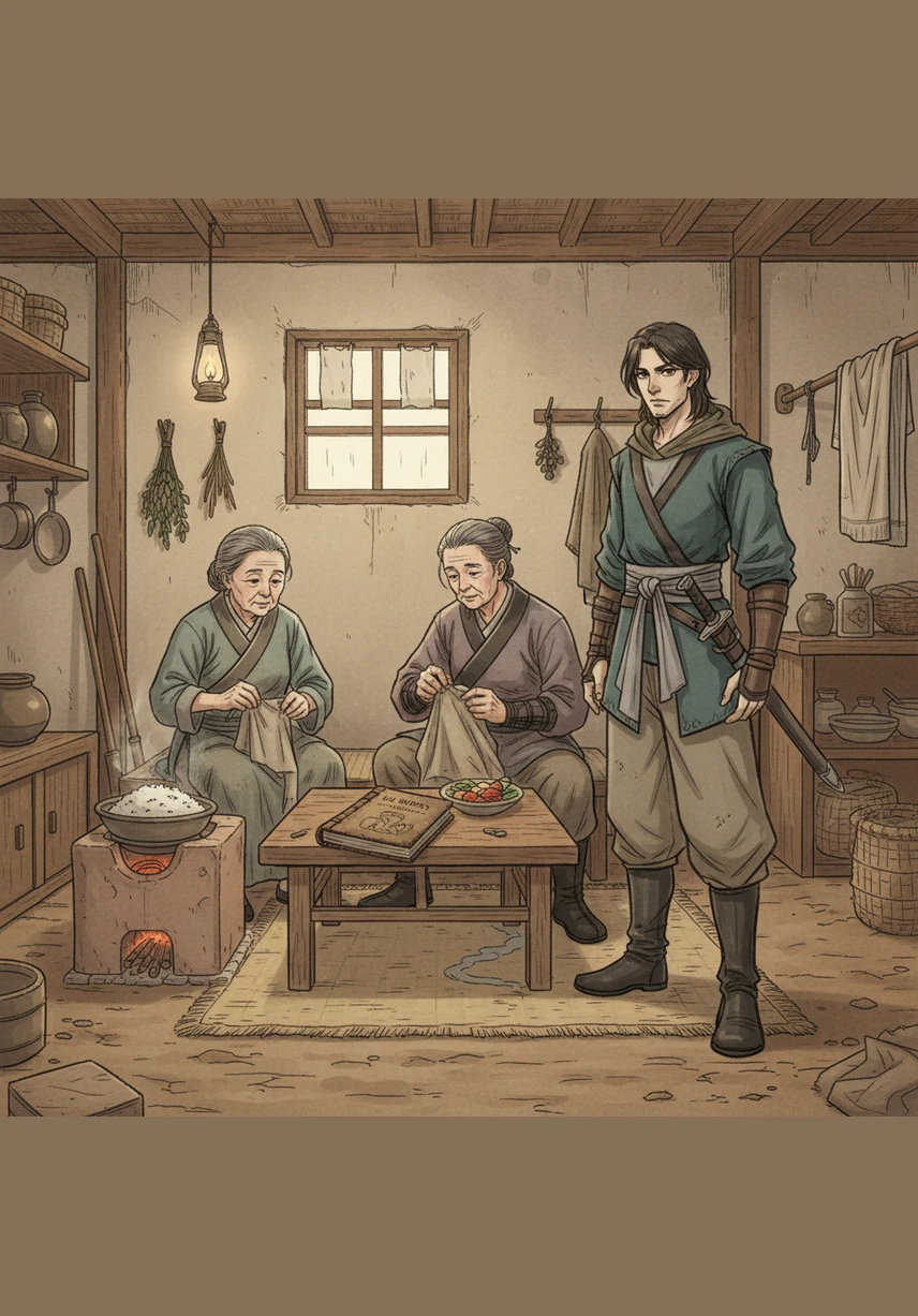 Young Shen Xi sits at a small wooden table in a humble farmhouse, studying intensely by the soft glow of a kerosene lamp while his foster parents watch him with eyes full of pride and unconditional love.