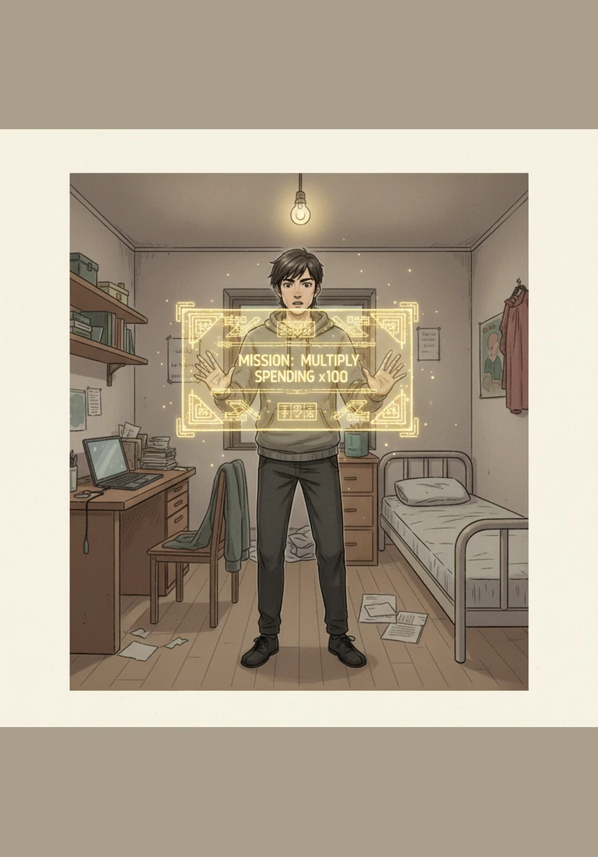 Back in his cramped rental room, a golden digital interface suddenly flickers into existence before Shen Xi, announcing a mission that will multiply his spending by a hundredfold.