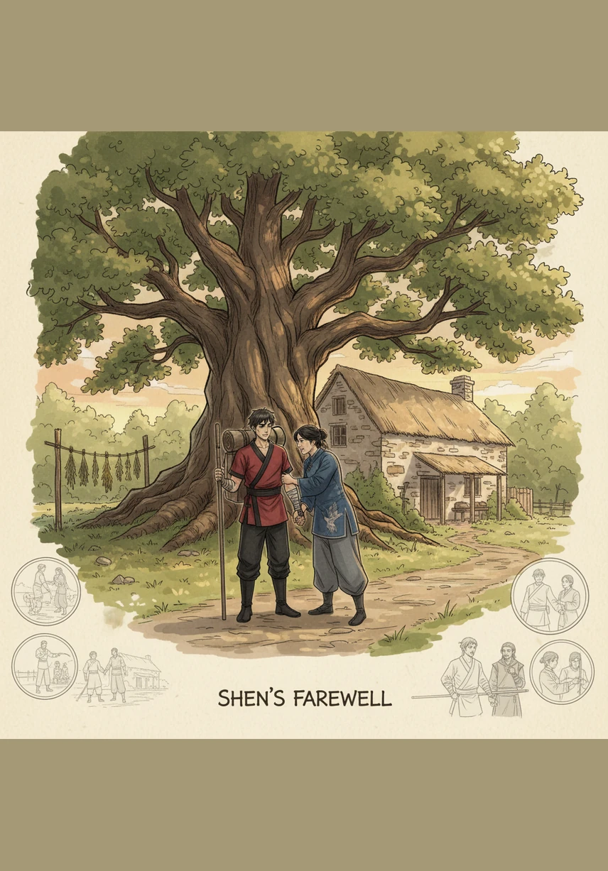 Under the shade of a massive ancient tree at the old farmhouse, Shen Xi shares a peaceful meal with the parents who raised him, realizing that true power lies in the love of those who stood by him when he had nothing.