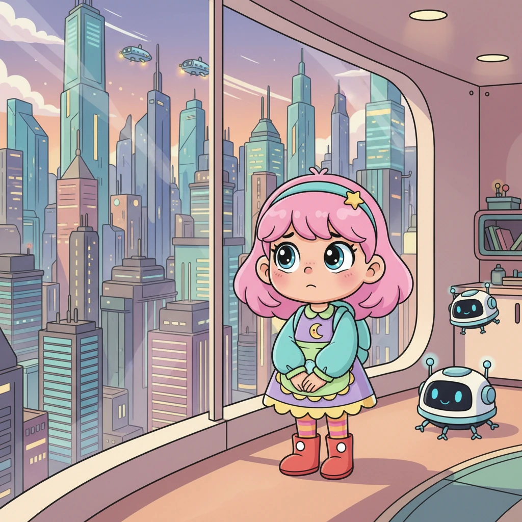 Lena mieszkała w tętniącym życiem, futurystycznym mieście, gdzie wieżowce sięgały chmur, a latające pojazdy sunęły po niebie. Mimo otaczającego ją zgiełku, często czuła się samotna, patrząc na świat przez okno swojego lśniącego apartamentu. Jej dni wypełniała nauka i zabawa z robotami, ale brakowało jej prawdziwej, żywej przyjaźni.