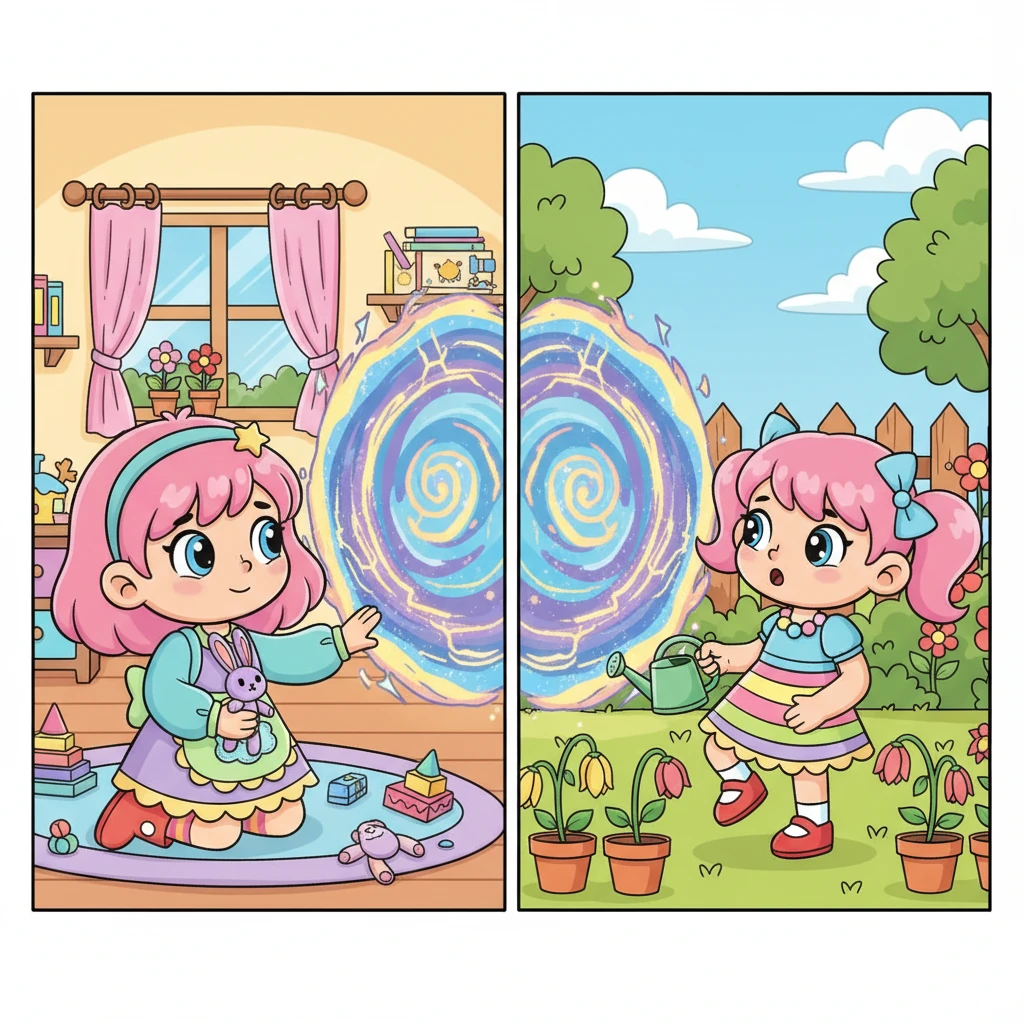 Pewnego słonecznego popołudnia, podczas gdy Lena bawiła się w swoim pokoju, a Mika próbowała ratować usychające kwiaty, w obu światach pojawił się tajemniczy, migoczący portal. Z ciekawością i odwagą, obie dziewczynki ostrożnie przekroczyły próg, nie wiedząc, co je czeka po drugiej stronie.