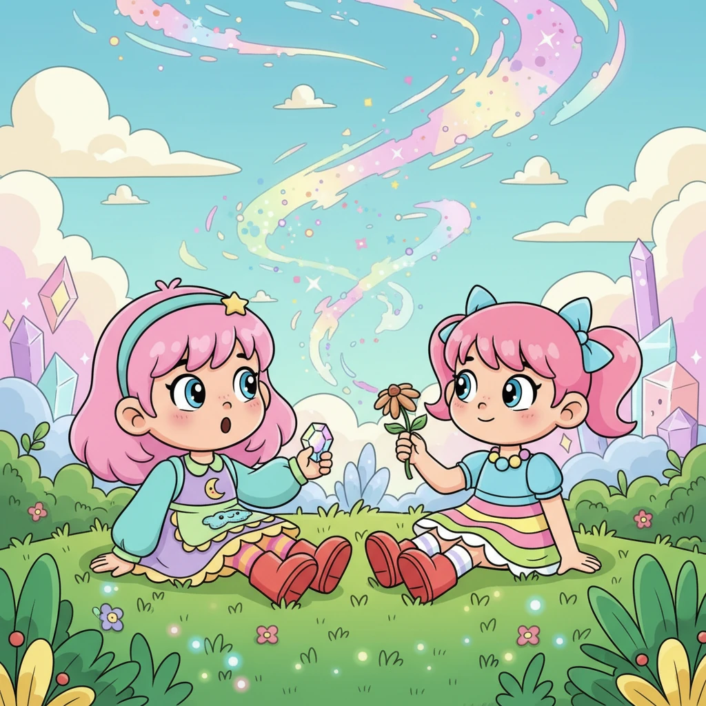 Lena i Mika zderzyły się ze sobą w środku wielobarwnego wiru światła, lądując na miękkiej trawie w miejscu, które było ani światem Leny, ani Miki. Ich oczy spotkały się pełne zdumienia i lekkiego strachu, ale szybko zastąpiło je wzajemne zainteresowanie. Mika pokazała Lenie uschnięty kwiatek, a Lena jej mały, lśniący kamień z miasta.