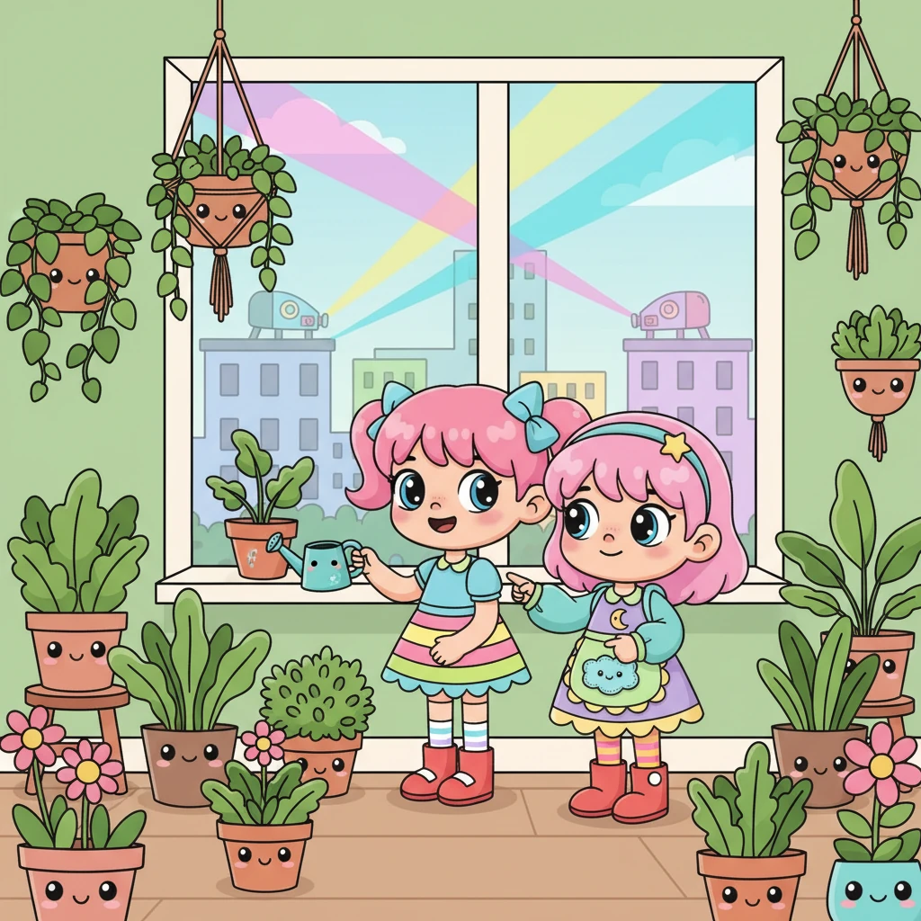 Najpierw postanowiły pomóc Lenie. Mika pokazała jej, jak pielęgnować małe, żywe roślinki w jej pokoju, a Lena wprowadziła do swojego miasta kolory za pomocą specjalnych projektorów. Wkrótce samotność Leny zaczęła ustępować miejsca radości, gdy jej pokój zamienił się w zieloną oazę, a miasto stało się bardziej barwne i przyjazne.