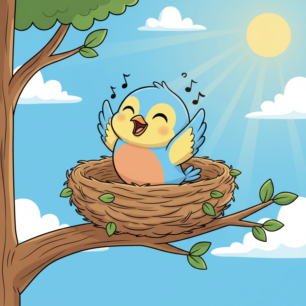 Pipit terbangun di sarangnya yang nyaman saat matahari pagi menyapa. Dia meregangkan sayap kecilnya dengan gembira, menyanyikan lagu riang, dan bersyukur atas hari baru yang cerah. Langit biru membentang luas, siap menyambut petualangan.