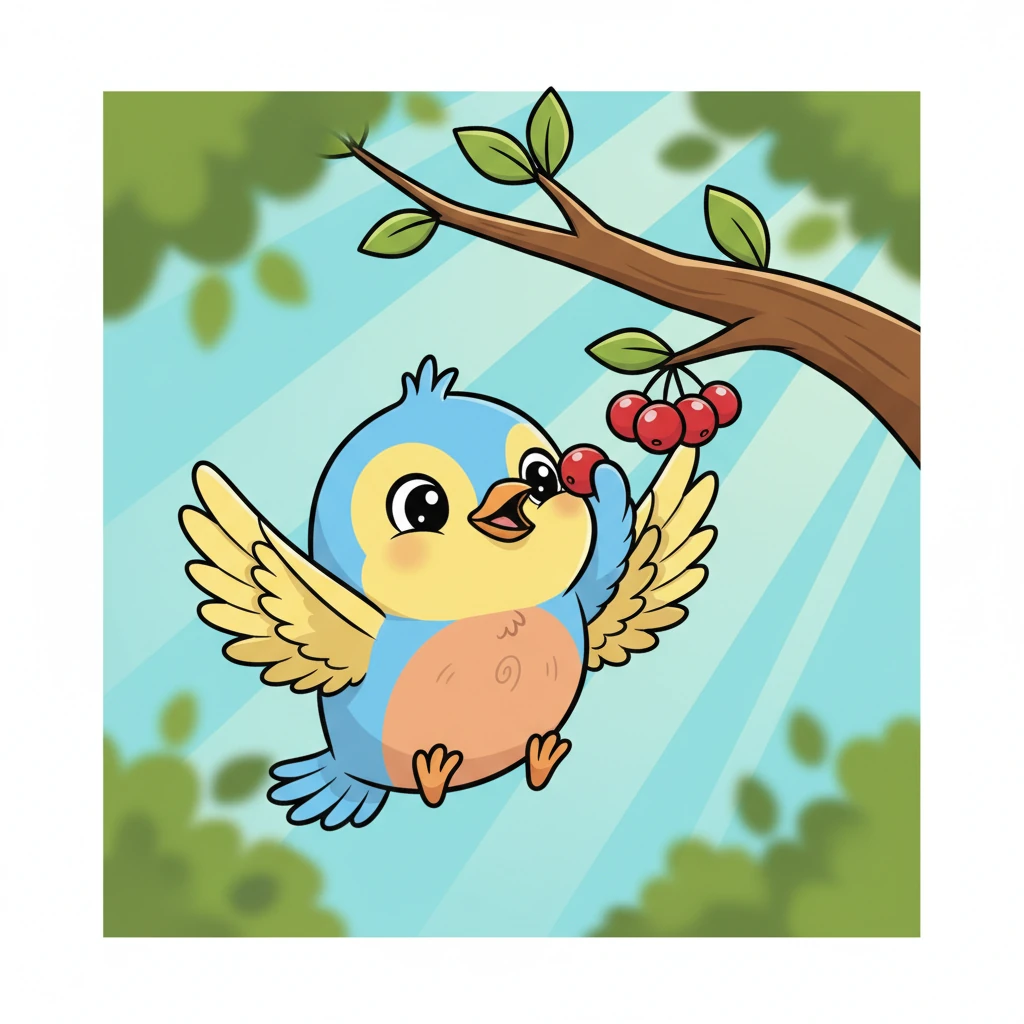 Perut Pipit keroncongan, dan dia segera terbang mencari sarapan. Tak lama kemudian, matanya berbinar menemukan buah beri merah ranum yang menggantung di dahan. Dia mematuknya dengan hati-hati, bersyukur atas makanan lezat yang Tuhan berikan.