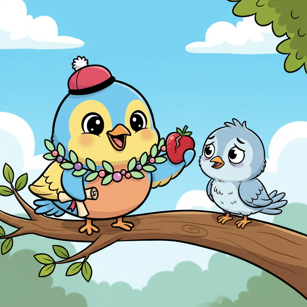 Saat menikmati berinya, Pipit melihat seekor burung kecil lain yang tampak lesu dan kelaparan. Tanpa ragu, Pipit membagi separuh berinya, menawarkannya dengan senyum manis. Dia bersyukur bisa berbagi kebahagiaan dan memiliki teman.