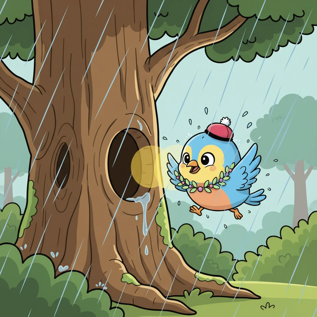 Tiba-tiba, rintik hujan mulai turun, berubah menjadi guyuran deras. Pipit segera mencari tempat berteduh dan menemukan sebuah lubang di pohon tua yang kokoh. Dia masuk ke dalamnya, merasa aman dan bersyukur atas perlindungan dari hujan.