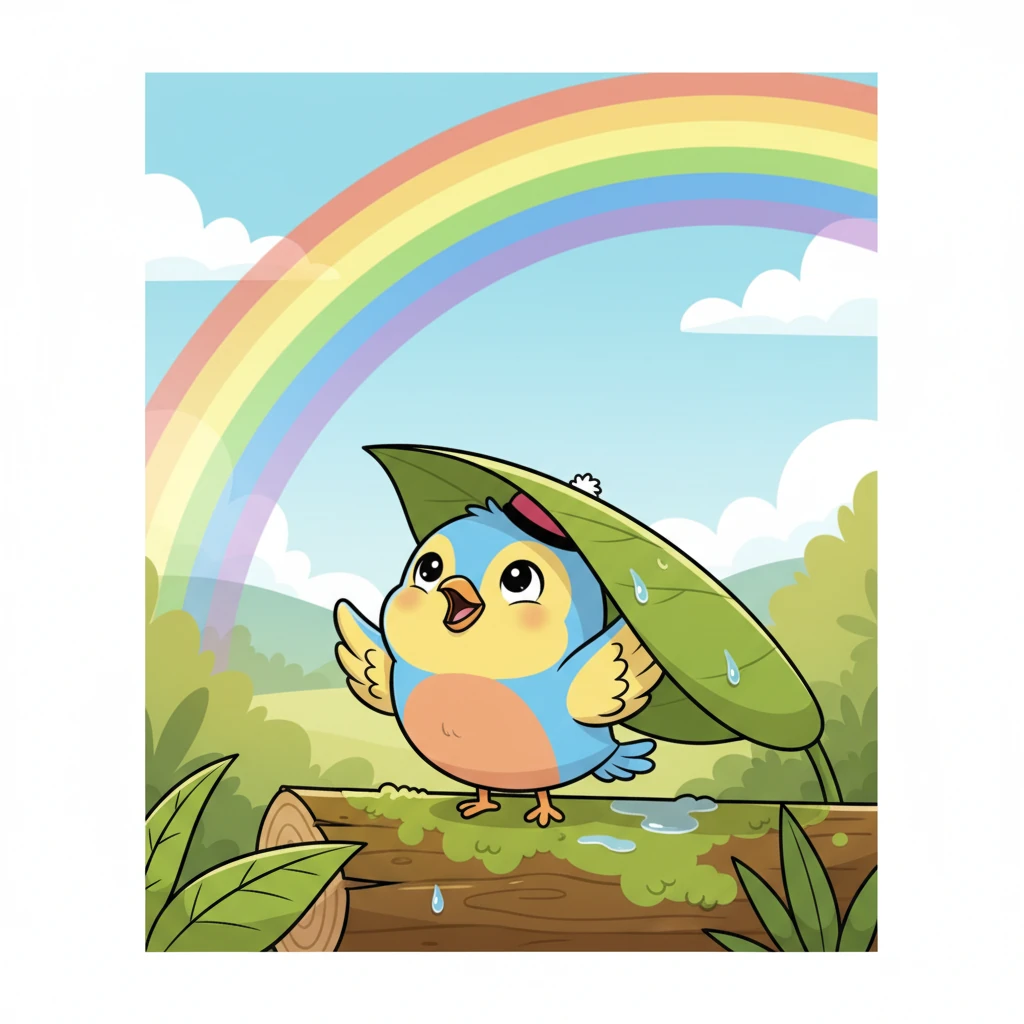 Hujan pun reda, dan saat Pipit keluar dari persembunyiannya, pemandangan indah menyambutnya. Pelangi warna-warni melengkung di langit, memancarkan pesona. Pipit kagum, bersyukur atas keindahan yang selalu datang setelah badai.