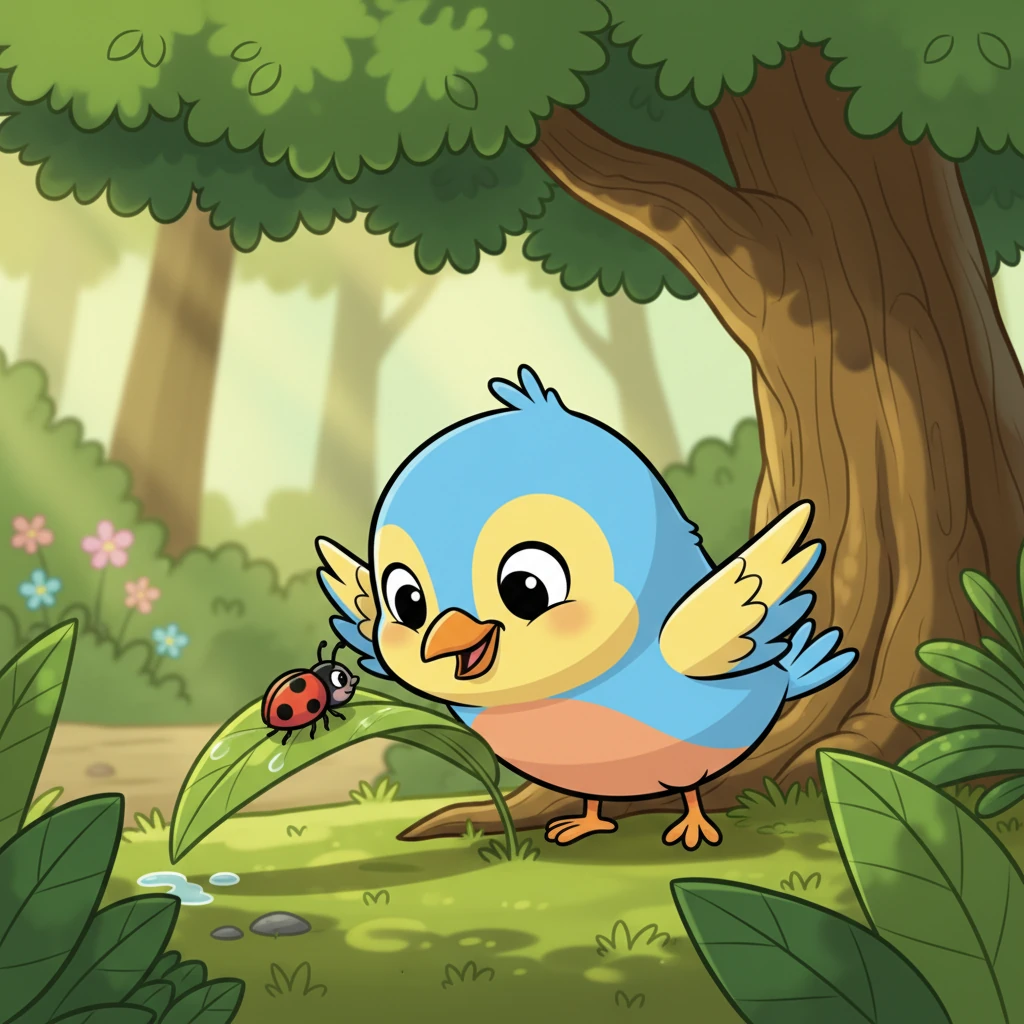 Di bawah pohon, Pipit melihat seekor kepik kecil kesulitan memanjat daun yang licin. Dengan sigap, Pipit menunduk dan mendorong kepik itu dengan paruhnya, membantunya mencapai puncak. Dia bersyukur bisa menolong makhluk lain.