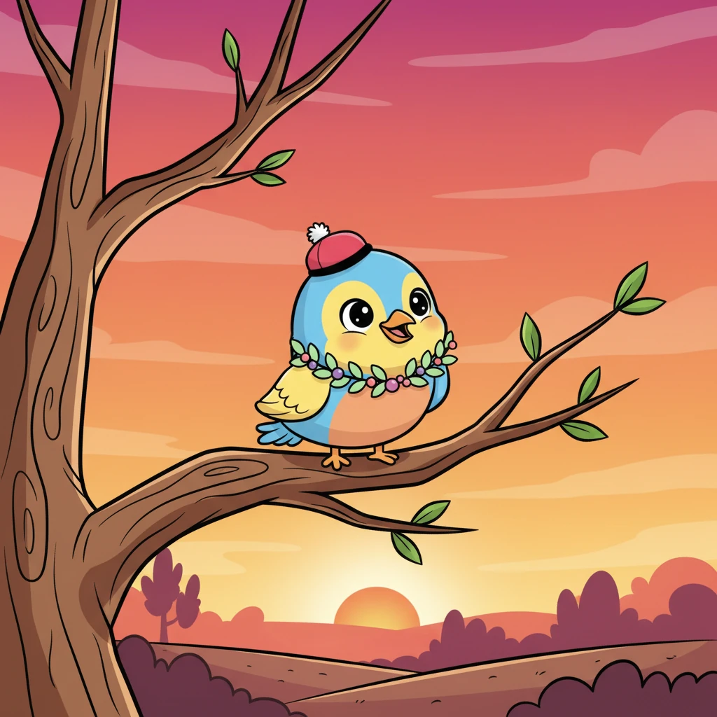 Saat sore menjelang, Pipit hinggap di dahan tertinggi untuk menyaksikan matahari terbenam. Langit berubah menjadi gradasi oranye, merah muda, dan ungu yang memukau. Dia bersyukur atas setiap momen indah yang telah dilewati sepanjang hari.