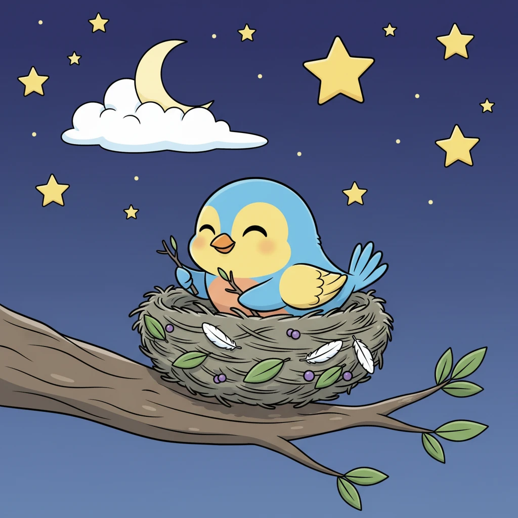 Malam tiba, dan bintang-bintang mulai berkelip di angkasa. Pipit terbang kembali ke sarangnya yang hangat dan empuk. Dia merapikan ranting-ranting kecil, merasa nyaman dan bersyukur atas rumah mungilnya yang aman.