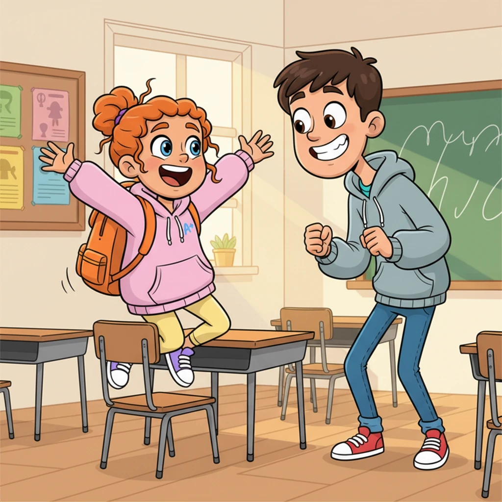 Sunny, with a bright orange backpack, bounced up from her seat. "Oh my goodness," she exclaimed to her friend Leo, "I feel like a spring that's been coiled too tight!" Leo, a tall student with a friendly grin, nodded vigorously. "Me too, Sunny! My legs are practically buzzing!"