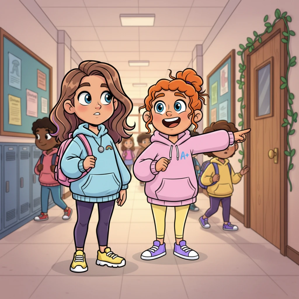 "But where?" asked Pip, looking around the bustling hallway. "Somewhere private, where we can truly be ourselves and unleash our wobbly wonders!" Sunny's eyes lit up with an idea, and she pointed towards a rarely-used side door at the end of the corridor.