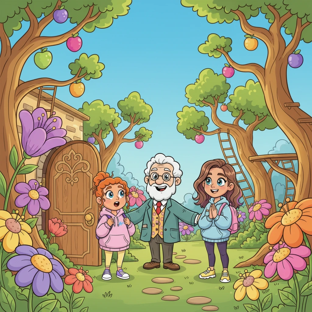 They tiptoed through the door and discovered a hidden, whimsical courtyard, bursting with colorful flowers and twisting, climbable trees. It was the perfect secret spot for their energy release mission. "Whoa!" breathed Leo, his eyes wide, "This is amazing!"