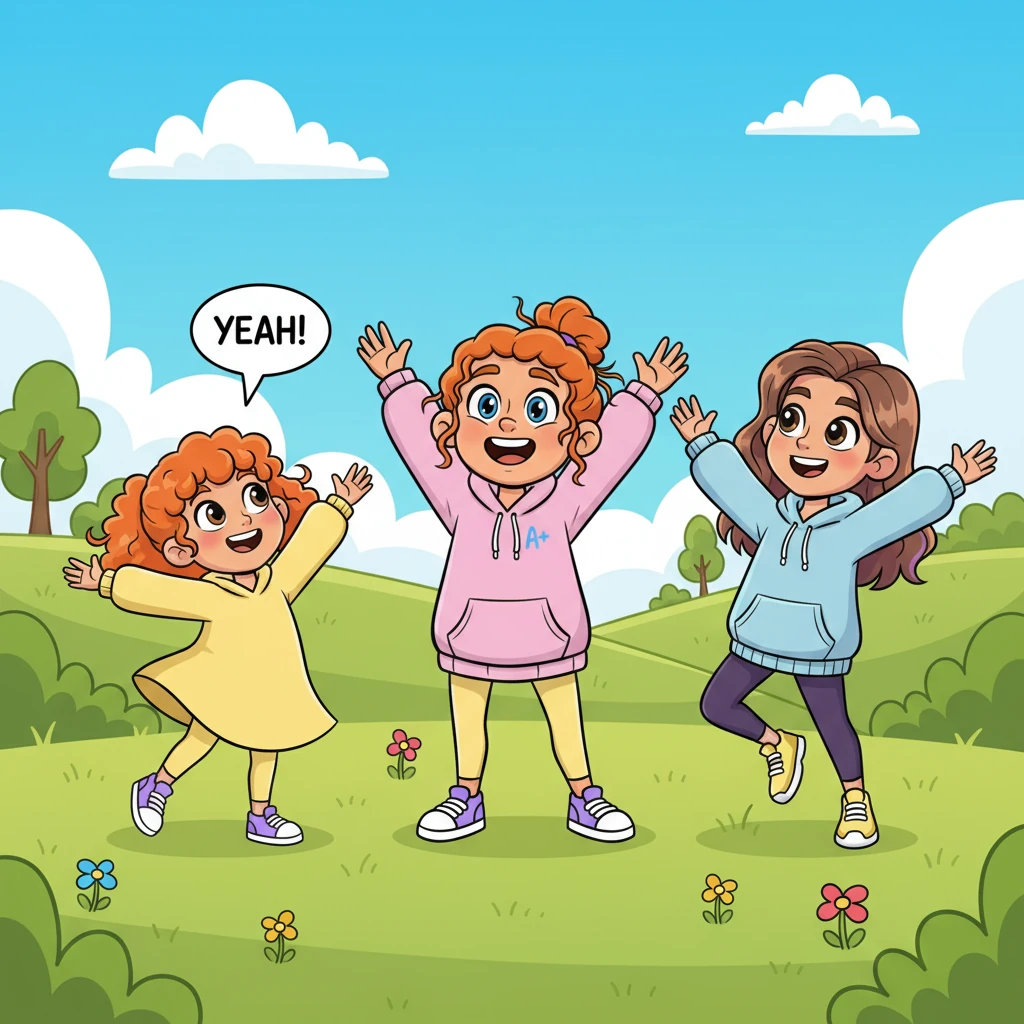 With a joyful shout, Sunny started to stretch, reaching for the sky like a playful cat, her arms extended high. Pip twirled around, pretending to be a dizzy butterfly, while Maya did little hops, shaking her shoulders. "Feel those wiggles start to loosen!" cheered Sunny, giggling.