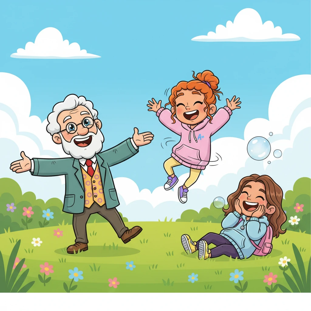 They spun, jumped, and swayed until they were delightfully breathless, their faces flushed with joy and huge smiles. "I feel like a giant bubble that just popped!" exclaimed Pip, collapsing onto a soft patch of grass, still giggling. "All that pent-up energy, gone!"