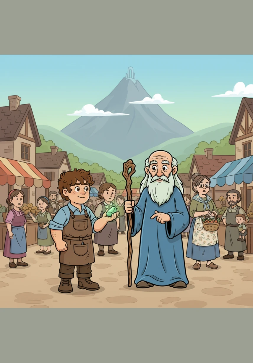 Seorang kakek tua misterius dengan jubah panjang dan tongkat kayu mendekati Malin di alun-alun desa yang ramai. Kakek itu menjelaskan bahwa batu tersebut adalah Batu Penjaga yang terjatuh dari puncak gunung suci dan harus segera dikembalikan agar alam tetap seimbang.