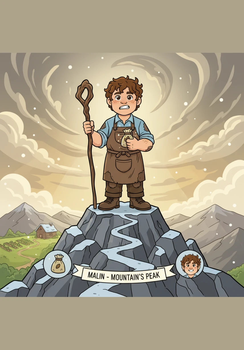 Setelah perjalanan yang melelahkan, Malin akhirnya sampai di puncak gunung dan bertemu dengan sosok megah yang terbuat dari cahaya, sang Penjaga Gunung. Dengan penuh hormat, Malin menyerahkan kembali batu kristal itu kepada sang penjaga tanpa meminta imbalan apa pun.