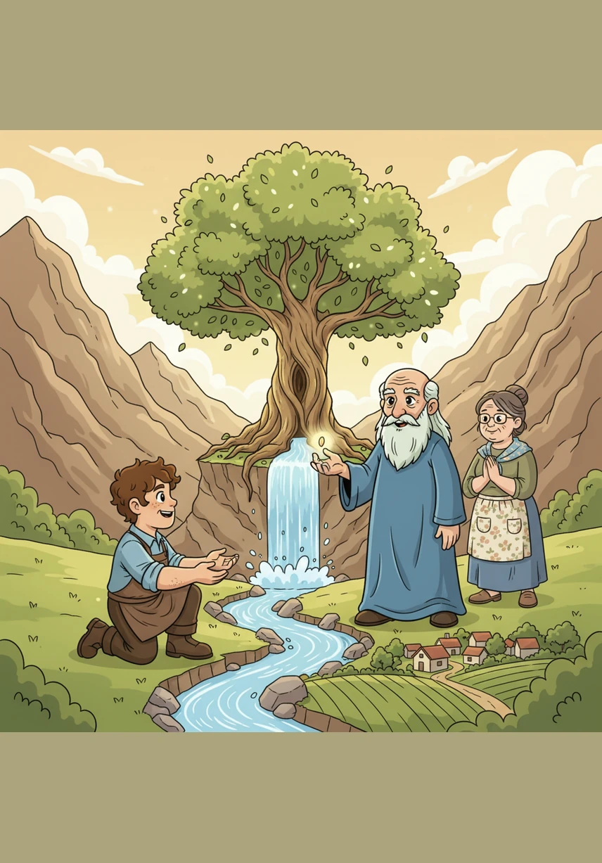 Sang Penjaga Gunung merasa sangat terkesan dengan ketulusan hati Malin dan memberinya sebuah benih pohon ajaib sebagai hadiah atas kejujurannya. Begitu benih itu ditanam, sebuah pohon besar tumbuh seketika dan mengalirkan air jernih yang sangat melimpah hingga ke desa Malin.